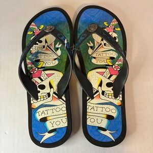 Ed Hardy Tattoo You Skull Flip Flops Black Blue Mens 9 Womens 10 Y2K Graphic